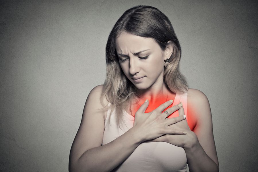 sick woman with heart attack, pain, health problem holding chest