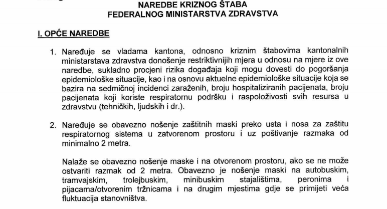 Naredbe i preporuke Kriznog štaba Federalnog ministarstva zdravstva od 26.8.2021. godine